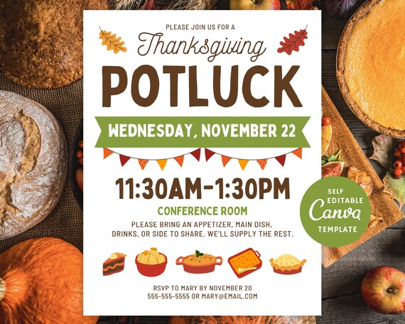 Thanksgiving Potluck Flyer: Editable Fall Appreciation Invitation (Canva Template)