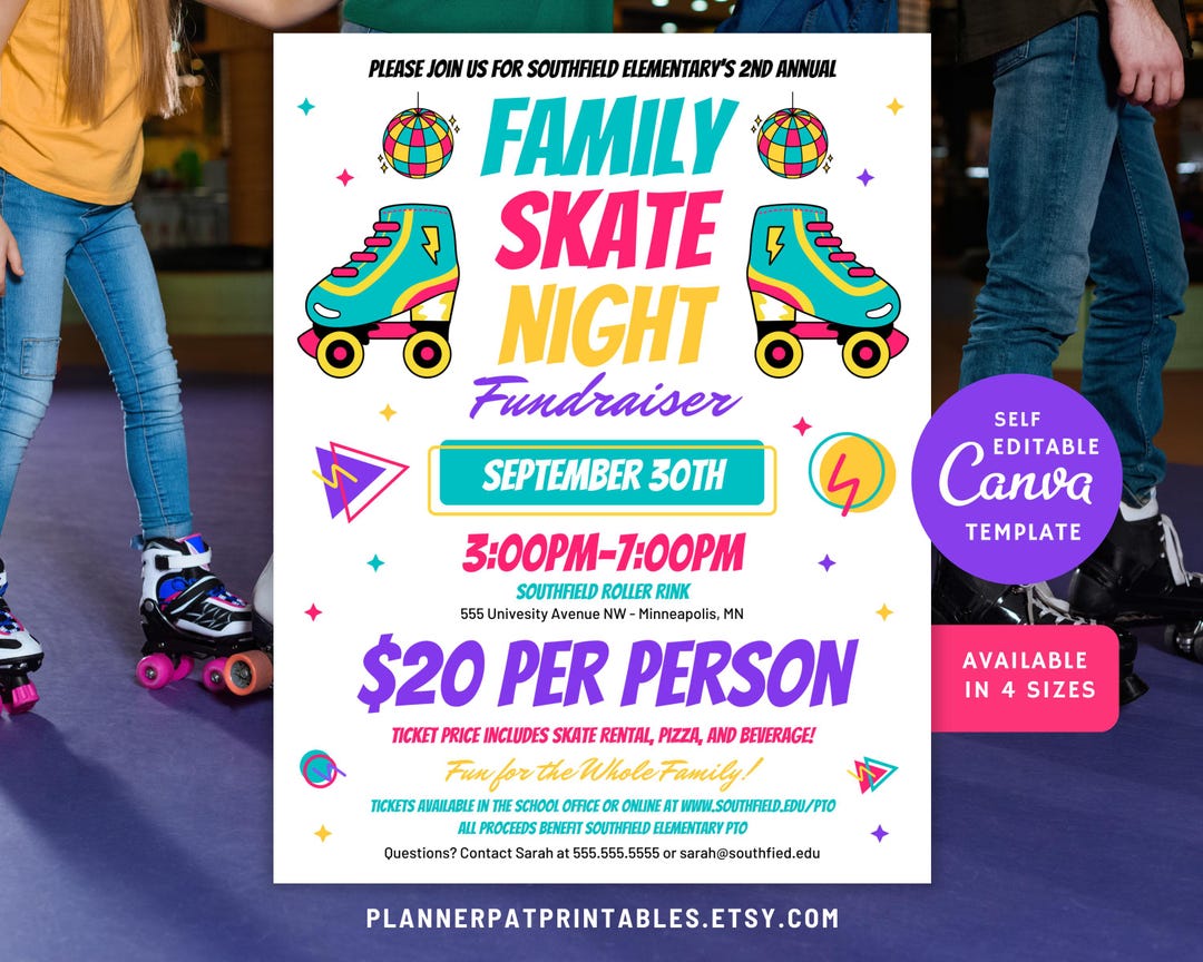 Editable Family Skate Night Flyer Template Roller Skating Fundraiser 