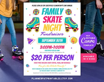 Editable Family Skate Night Flyer Template: Roller Skating Fundraiser (Canva, Digital Download)