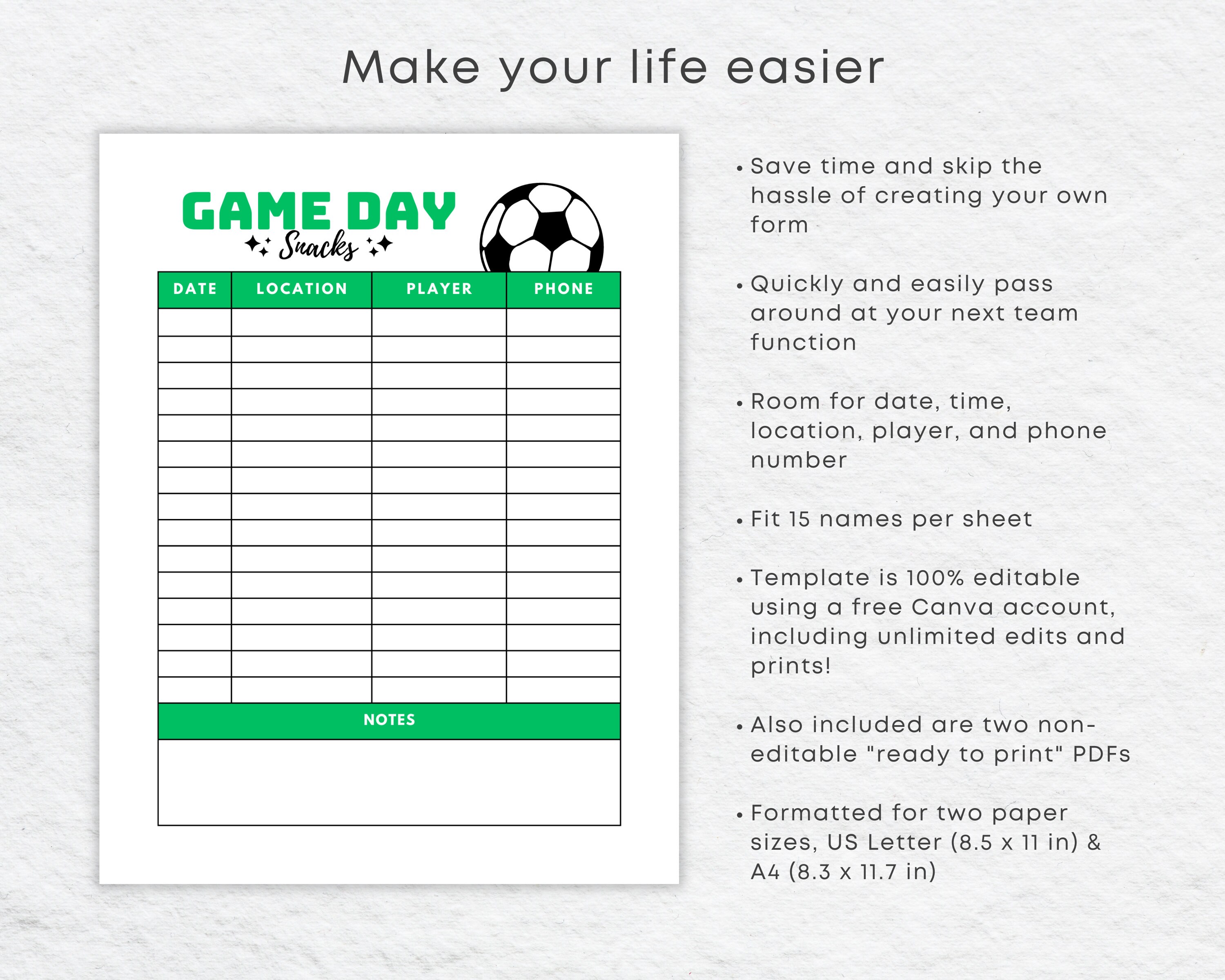 Soccer Snack Schedule Sign up Sheet Printable, Editable Canva Template ...