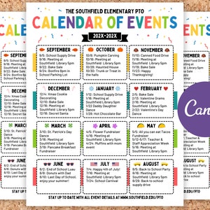 PTA Calendar of Events Flyer Editable Template for PTO Monthly Event Dates