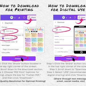 May include: A digital guide with instructions on how to download a calendar for printing and digital use. The guide shows screenshots of the download process, including selecting PDF Print or JPG formats. The text includes "Calendar of Events" and "Download".