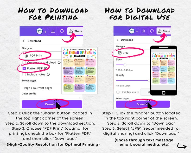 May include: A digital guide with instructions on how to download a calendar for printing and digital use. The guide shows screenshots of the download process, including selecting PDF Print or JPG formats. The text includes "Calendar of Events" and "Download".
