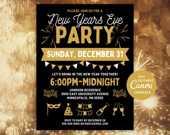 Editable 2024 NYE Invitation Canva Template, New Years Flyer