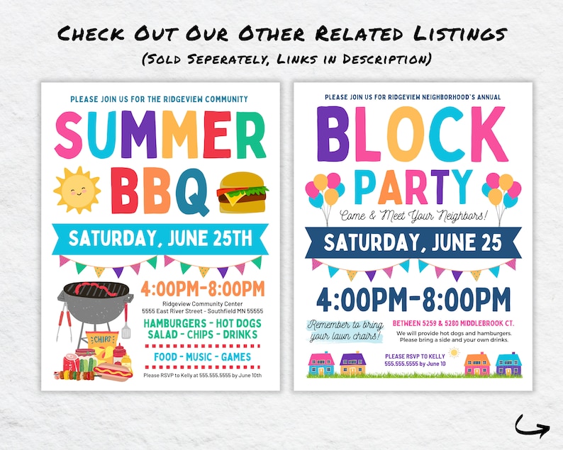 May include: Two colorful invitations for a summer BBQ and block party. The BBQ invitation features a grill, hot dogs, and a hamburger. The block party invitation features a group of houses and balloons. Both invitations have the date Saturday, June 25th and the time 4:00PM-8:00PM.