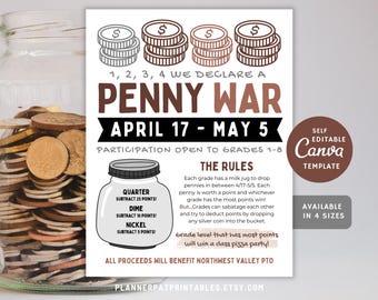 Penny War Flyer Editable Template, Coin Drive Fundraiser, Canva Printable