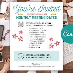 Yearly PTO PTA Meeting Dates Flyer Editable Template for Annual Meeting Schedule