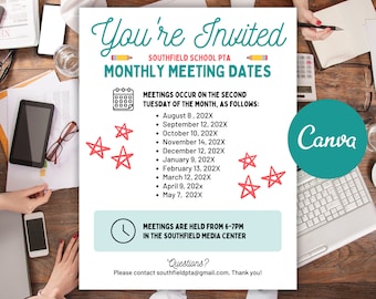Yearly PTO PTA Meeting Dates Flyer, Editable Annual Schedule Canva Template