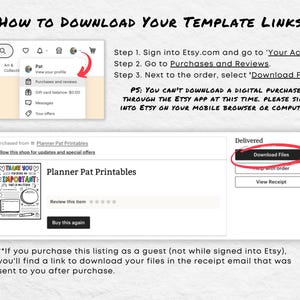 May include: A screenshot of a computer screen showing instructions on how to download digital files purchased from Etsy. The instructions include signing into Etsy, going to purchases and reviews, and selecting "Download Files". The screenshot also includes a note that digital purchases cannot be downloaded through the Etsy app at this time.