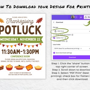 May include: A Thanksgiving potluck invitation with a fall theme. The invitation is for Wednesday, November 22, from 11:30 AM to 1:30 PM in the Conference Room. It asks guests to bring an appetizer, main dish, drinks, or side to share. The invitation also includes a screenshot of a download menu with instructions on how to download the design for printing.