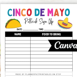 Aanmeldingsblad Cinco de Mayo Potluck voor Taco Fiesta Potluck, canvassjabloon