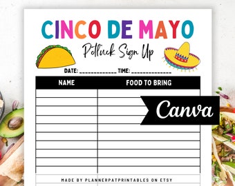 Cinco de Mayo Potluck Sign Up Sheet For Taco Fiesta Potluck Party, Canva Template