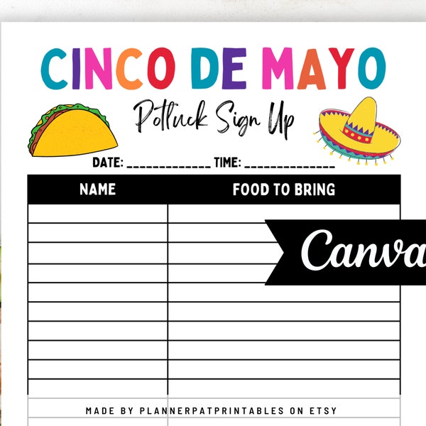 Cinco de Mayo Potluck Sign Up Sheet For Taco Fiesta Potluck Party, Canva Template