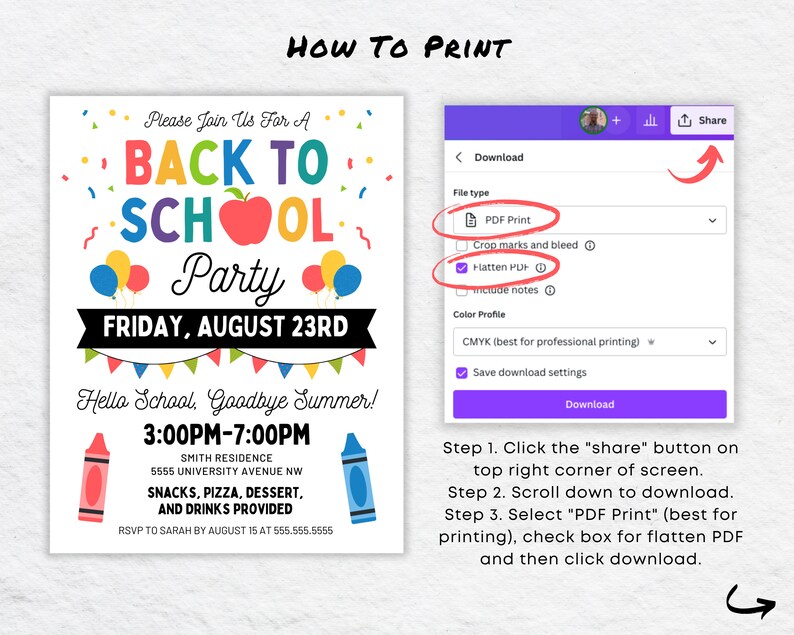 May include: A colorful back to school party invitation with a red apple, balloons, and a banner. The invitation says "Please Join Us For A Back To School Party Friday, August 23rd" and "Hello School, Goodbye Summer! 3:00PM-7:00PM Smith Residence 5555 University Avenue NW Snacks, Pizza, Dessert, and Drinks Provided RSVP to Sarah by August 15 at 555.555.5555". The image also shows a screenshot of a computer screen with instructions on how to download and print the invitation.