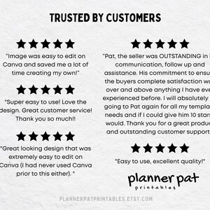 May include: A white background with the text "TRUSTED BY CUSTOMERS" in black. Below are customer reviews with five-star ratings. The reviews praise the ease of use and design quality. The seller's communication and support are also highlighted. The logo for "planner pat printables" is at the bottom.