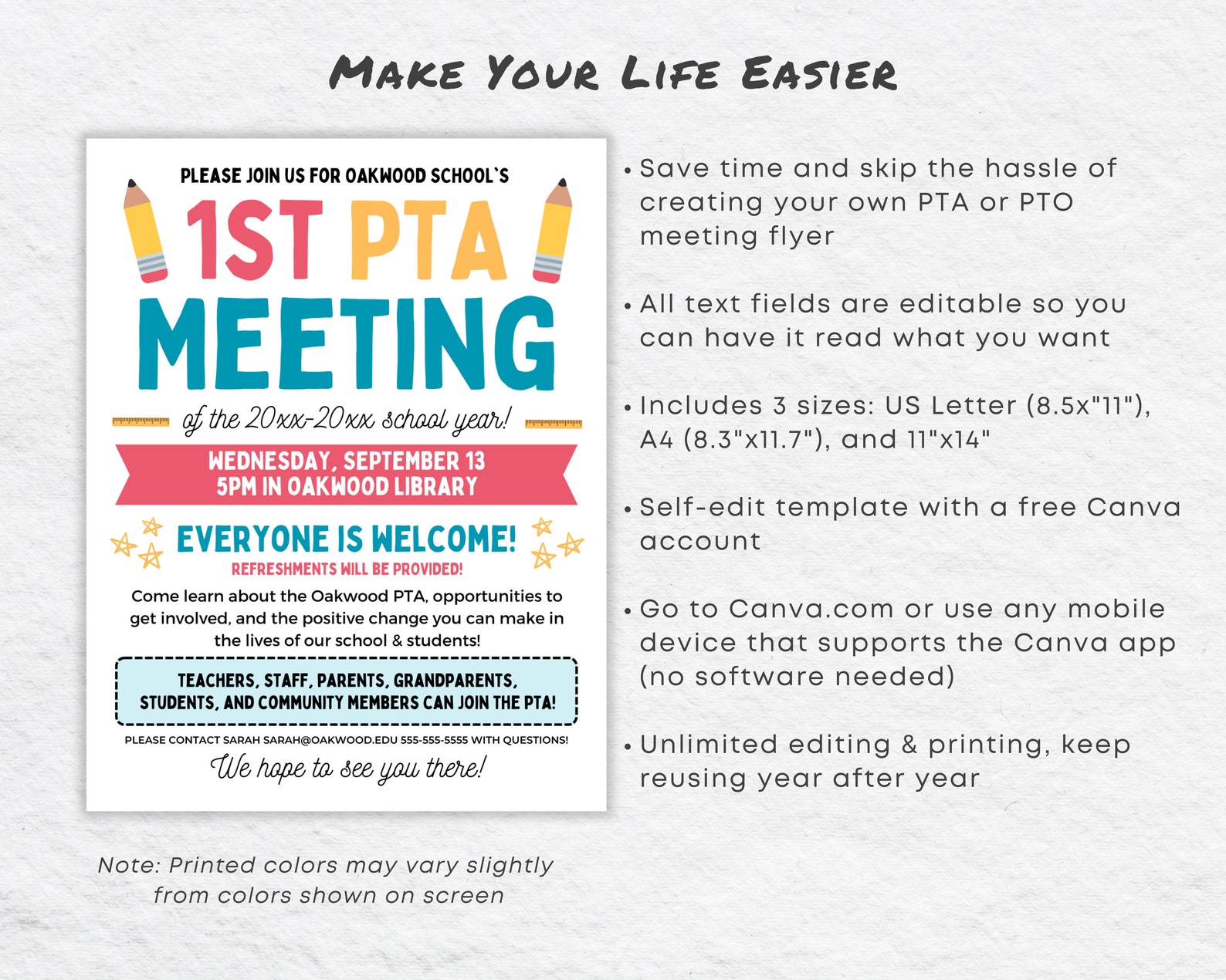 Editable PTO PTA Meeting Flyer Template | School Event Invitation ...