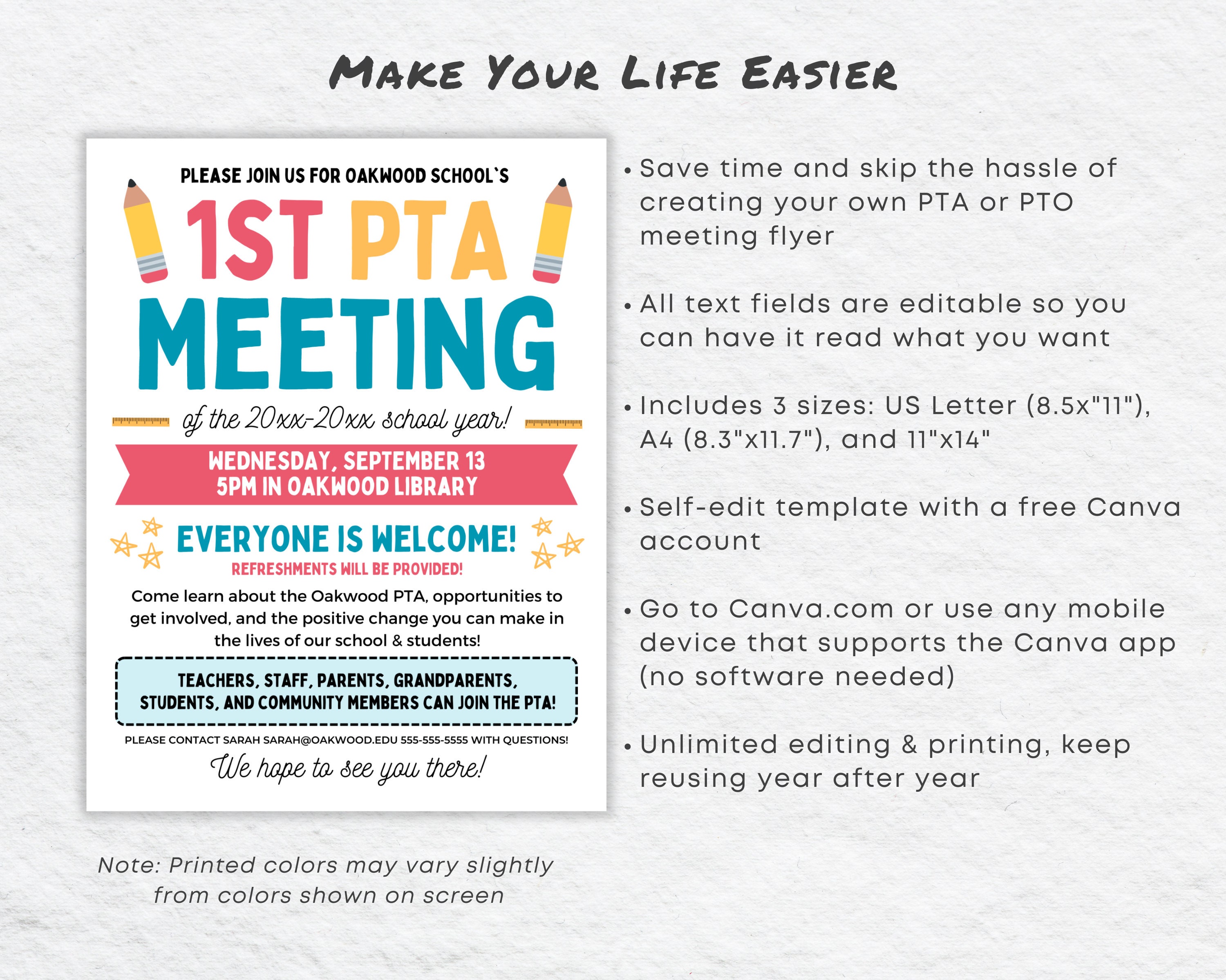 Editable PTO PTA Meeting Flyer Template | School Event Invitation ...