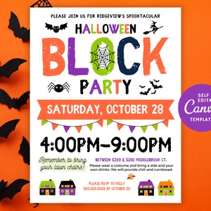 May include: A Halloween party invitation with a colorful block party theme. The invitation is decorated with bats, spiders, and a spiderweb. The text reads "Halloween Block Party" and includes the date and time of the event. The invitation also includes a reminder to bring lawn chairs and a note about the location of the party.