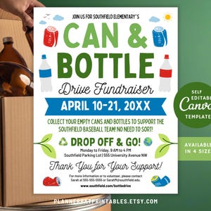 Plantilla editable de Canva para volante de recolección de latas y botellas, recaudación de fondos para reciclaje imprimible