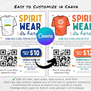 K&ouml;nnte beinhalten: Zwei Flyer, die Sportbekleidung bewerben, mit T-Shirt-Designs und dem Text "SPIRIT WEAR is here!" Einer zeigt ein wei&szlig;es T-Shirt mit einer Landschaftsgrafik, der andere ein orangefarbenes Shirt mit einem Tiger. Beide enthalten QR-Codes und Canva-Branding.
