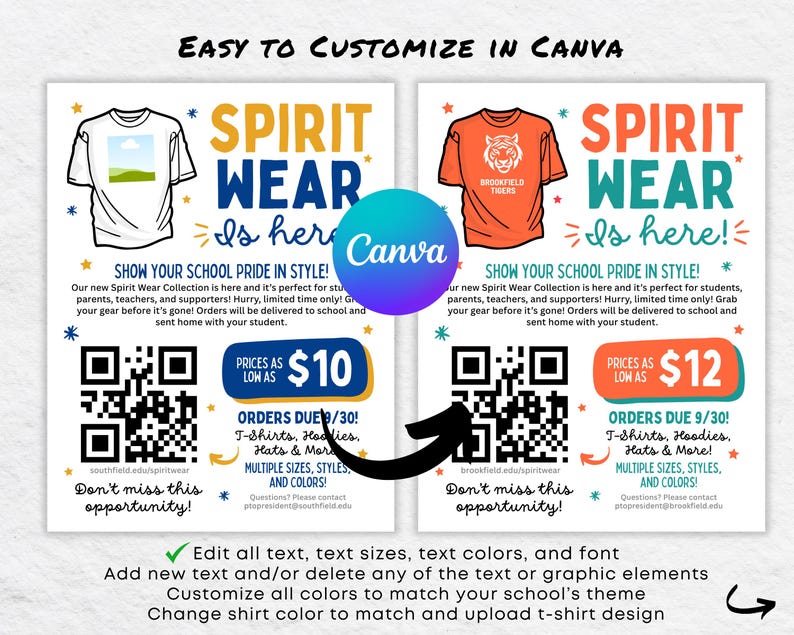 K&ouml;nnte beinhalten: Zwei Flyer, die Sportbekleidung bewerben, mit T-Shirt-Designs und dem Text "SPIRIT WEAR is here!" Einer zeigt ein wei&szlig;es T-Shirt mit einer Landschaftsgrafik, der andere ein orangefarbenes Shirt mit einem Tiger. Beide enthalten QR-Codes und Canva-Branding.