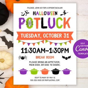 May include: A white Halloween potluck invitation with orange, green, and purple accents. The invitation includes the text "PLEASE JOIN US FOR A SPOOKTACULAR HALLOWEEN POTLUCK", "TUESDAY, OCTOBER 31", "11:30AM-1:30PM", "BREAK ROOM", "PLEASE BRING AN APPETIZER, MAIN DISH, OR SIDE TO SHARE.", "RSVP TO MARY BY MAY 10 555-555-5555 OR MARY@EMAIL.COM", and "SELF EDITABLE Canva TEMPLATE".