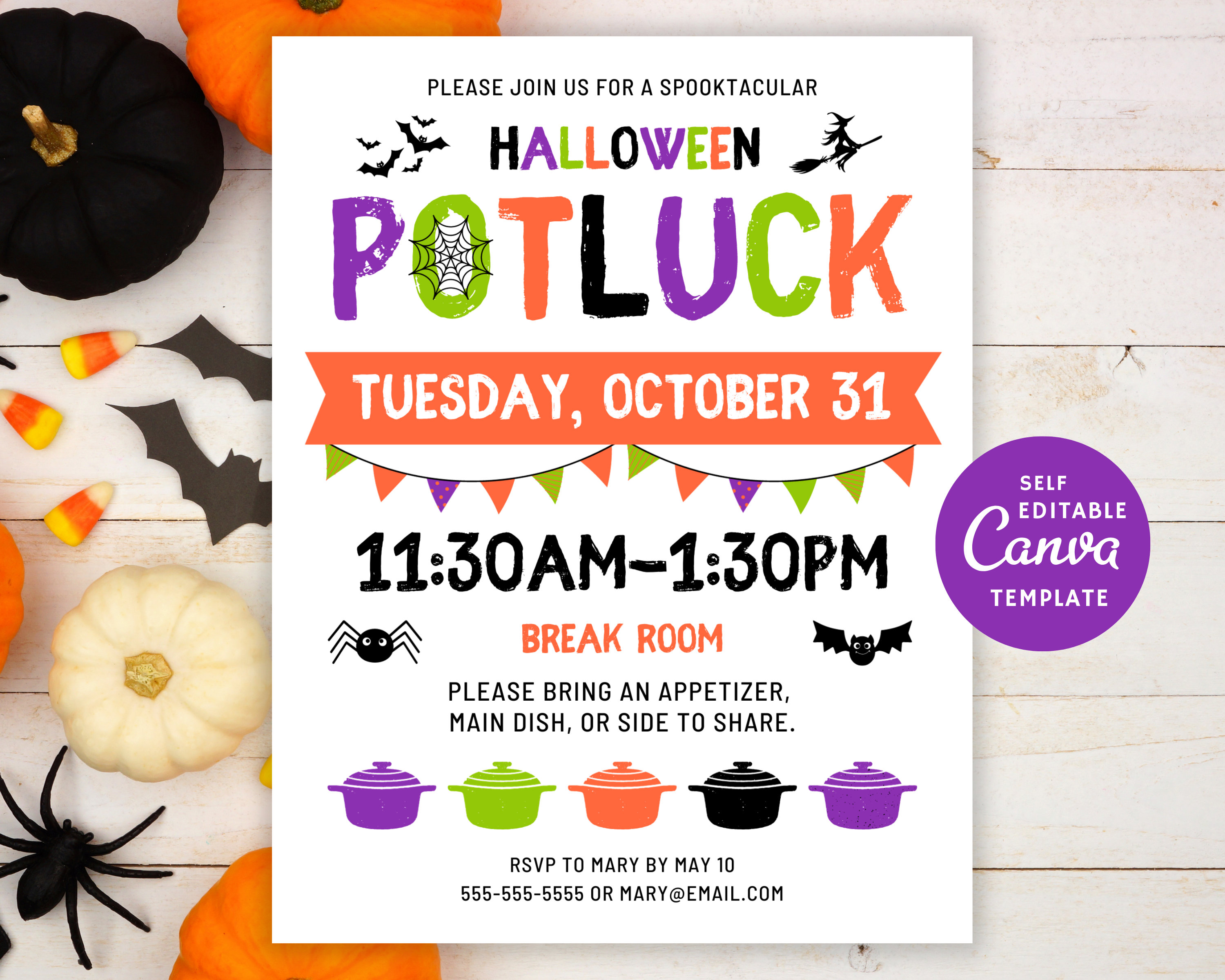 Bearbeitbarer Halloween Potluck Flyer, Appreciation Luncheon Invite, Canva