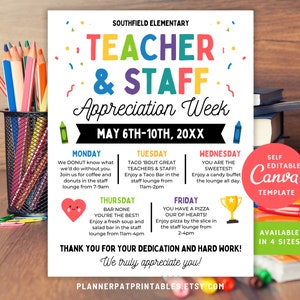 Editable Teacher and Staff Appreciation Week Flyer Itinerary Flyer Canva Template