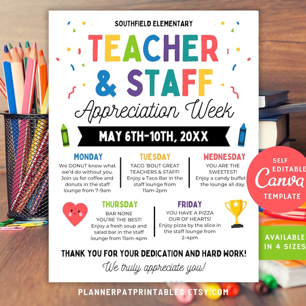 Editable Teacher and Staff Appreciation Week Flyer Itinerary Flyer Canva Template