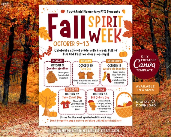 Editable Fall Spirit Week Flyer: Autumn Dress up Schedule (canva Template)  - Etsy