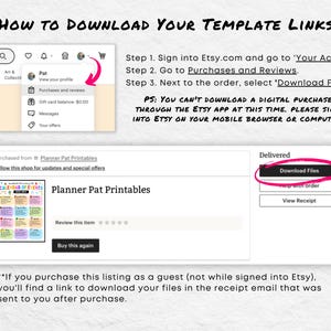 May include: A screenshot showing instructions on how to download digital files from Etsy. The image includes a step-by-step guide with highlighted areas and arrows, guiding users through the download process. Text includes "How to Download Your Template Links."