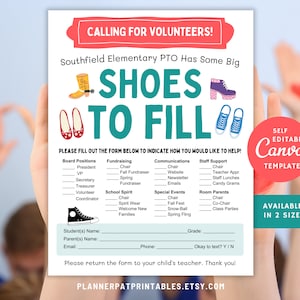 Può includere: Un cartello stampabile con un design di scarpe colorato e il testo "Cercasi volontari!" e "Southfield Elementary PTO ha bisogno di te". Il cartello è un modulo di iscrizione per i volontari di un PTO scolastico.
