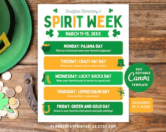 Plantilla editable de Canva para volante de la Semana del Espíritu de San Patricio y programa de actividades escolares