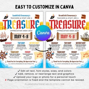 Pirate Theme Teacher & Staff Appreciation Week Itinerary Flyer (canva ...