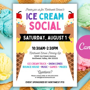 Editabme Ice Cream Social Flyer Template: Printable Sundae Party Canva Invitation (Digital Download)