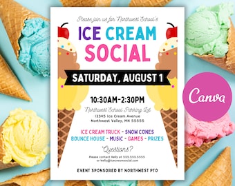 Ice Cream Social Flyer Editable Canva Template