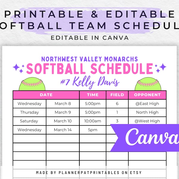 Softball Schedule Template Etsy