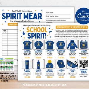 May include: A flyer for Southfield Elementary Spirit Wear, featuring various apparel and accessories. Items include t-shirts, sweatshirts, hoodies, tote bags, tumblers, water bottles, beanies, baseball caps, and fanny packs. The flyer includes the text "SCHOOL SPIRIT!" and "CUSTOMIZE ALL COLORS TO MATCH YOUR SCHOOL'S THEME!"