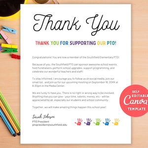 Editable PTO Thank You Letter Template, Edit for PTA