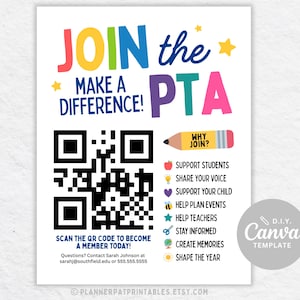 Puede incluir: Un folleto blanco con texto colorido que dice JOIN the PTA y MAKE A DIFFERENCE. Incluye un código QR grande en blanco y negro, un gráfico de lápiz etiquetado WHY JOIN y una lista de viñetas con iconos para apoyar a estudiantes y profesores.