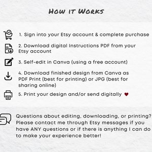 May include: A graphic with instructions on how to use a digital product. The steps include signing into an Etsy account, downloading a PDF, editing in Canva, downloading the finished design, and printing or sharing the design.
