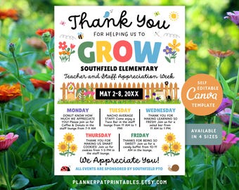 Floral Theme Teacher Appreciation Week Garden Itinerary Flyer (Canva Template)
