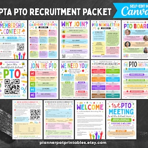 May include: A collection of colorful PTA PTO recruitment packets. The packets include information on membership, events, and why to join. The text includes "Membership Contest", "Calendar of Events", and "Welcome". The Canva logo is visible.