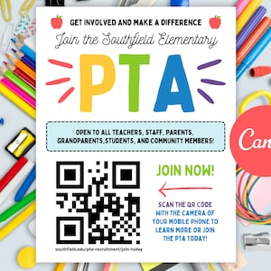 Editable Join the PTA or PTO Flyer Template | Canva Volunteer Recruitment Poster with QR Code | School Parent Group Sign-Up Form