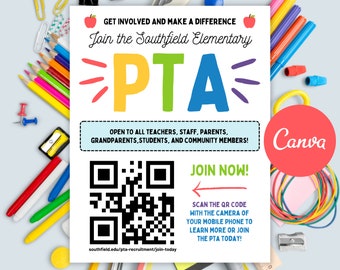 Editable Join the PTA or PTO Flyer Template | Canva Volunteer Recruitment Poster with QR Code | School Parent Group Sign-Up Form