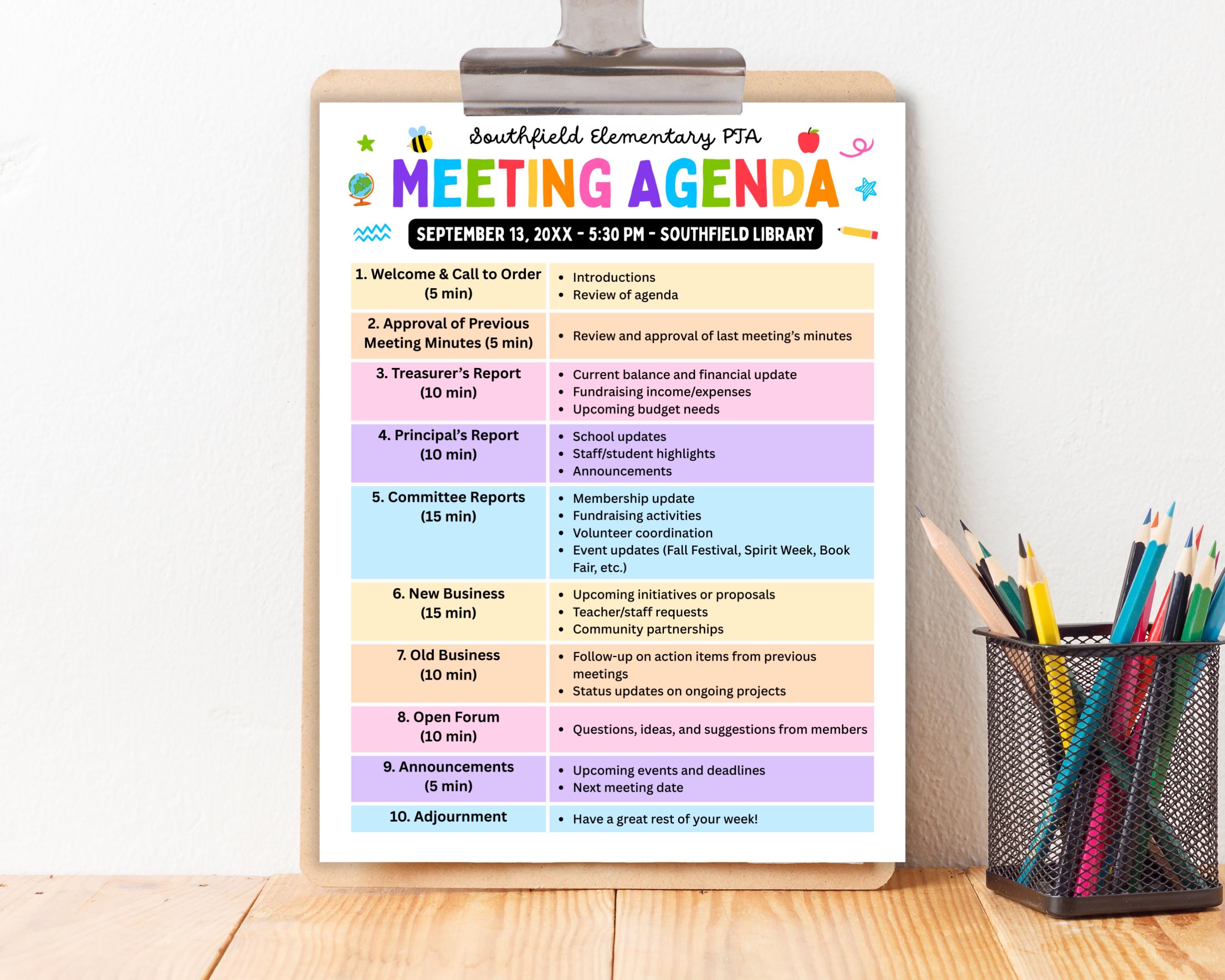 PTO PTA Meeting Agenda: Editable Outline Template (canva Download) - Etsy