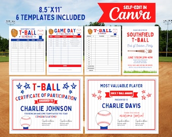 Editable T-Ball Template Bundle: Snack Schedule, Lineup, Certificates (Canva, Digital Download)