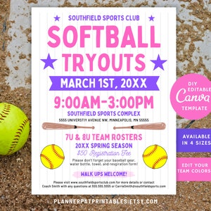 DIY Softball Tryout Flyer Editable Template, Sports Training Event, Canva