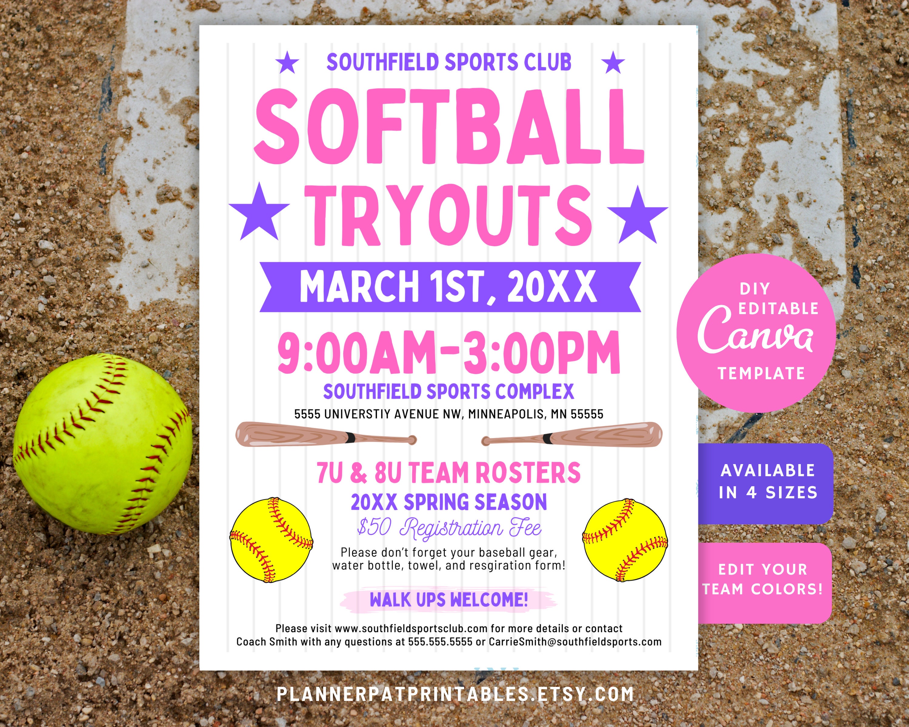 DIY Softball Tryout Flyer Editable Template, Sports Training Event, Canva