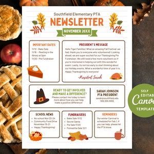 Plantilla Canva editable para boletín informativo de la PTA de noviembre y noticias escolares del Día de Acción de Gracias
